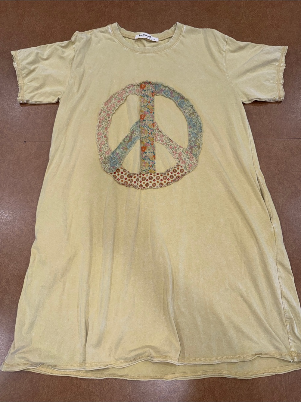 Three Bird Nest Yellow Tee Dress with Floral Peace Sign • Distressed • Like NEW